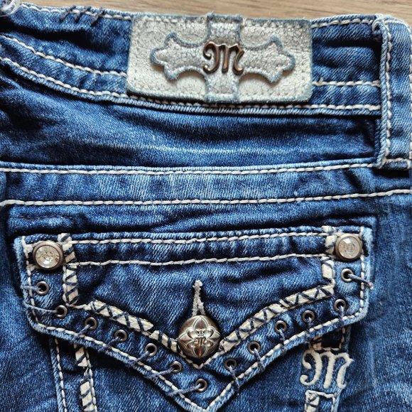 Miss Me Embellished Mid Rise Custom Cut Bermuda Denim Shorts Blue - Picture 3 of 8